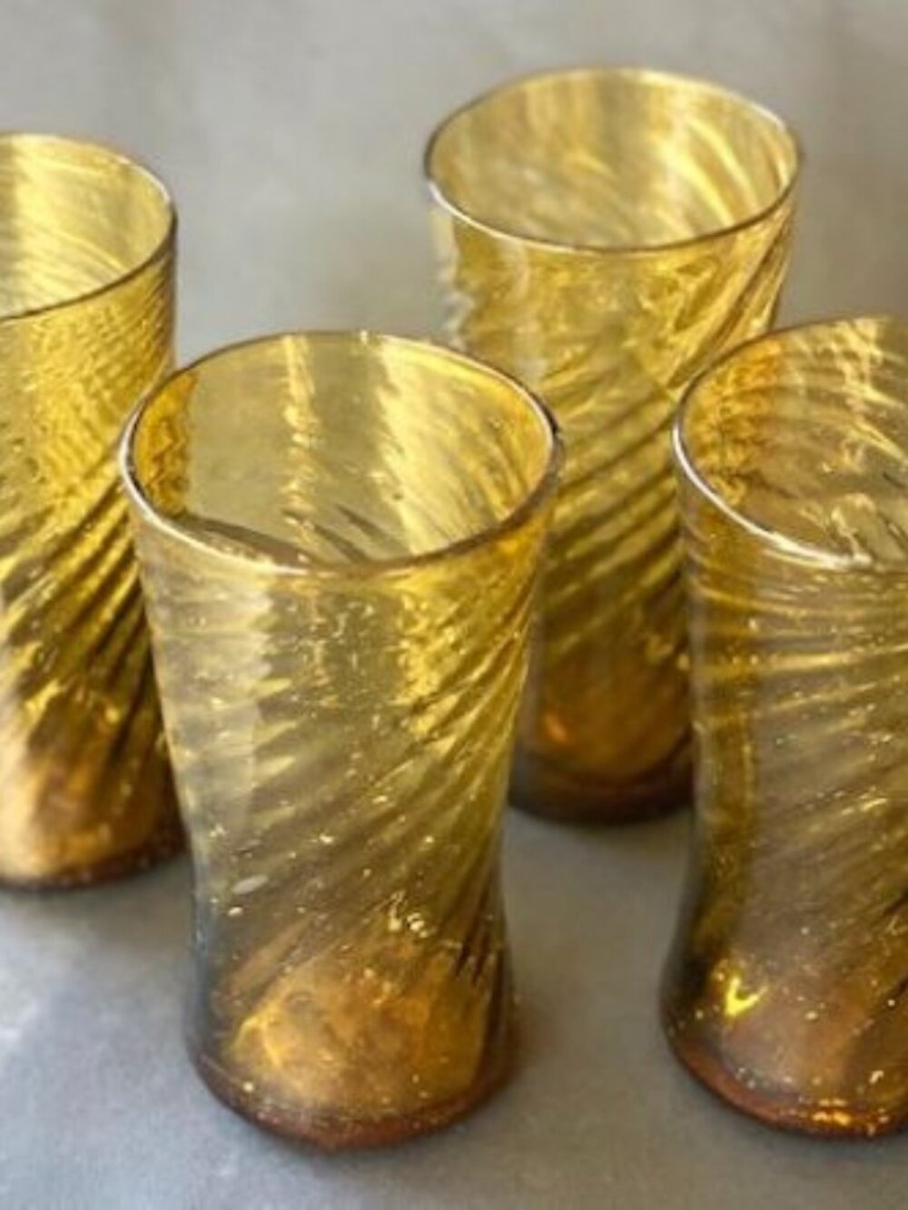4 Amber Handblown Drinking Glasses Tumblers Mexico 6″ 70s Vintage